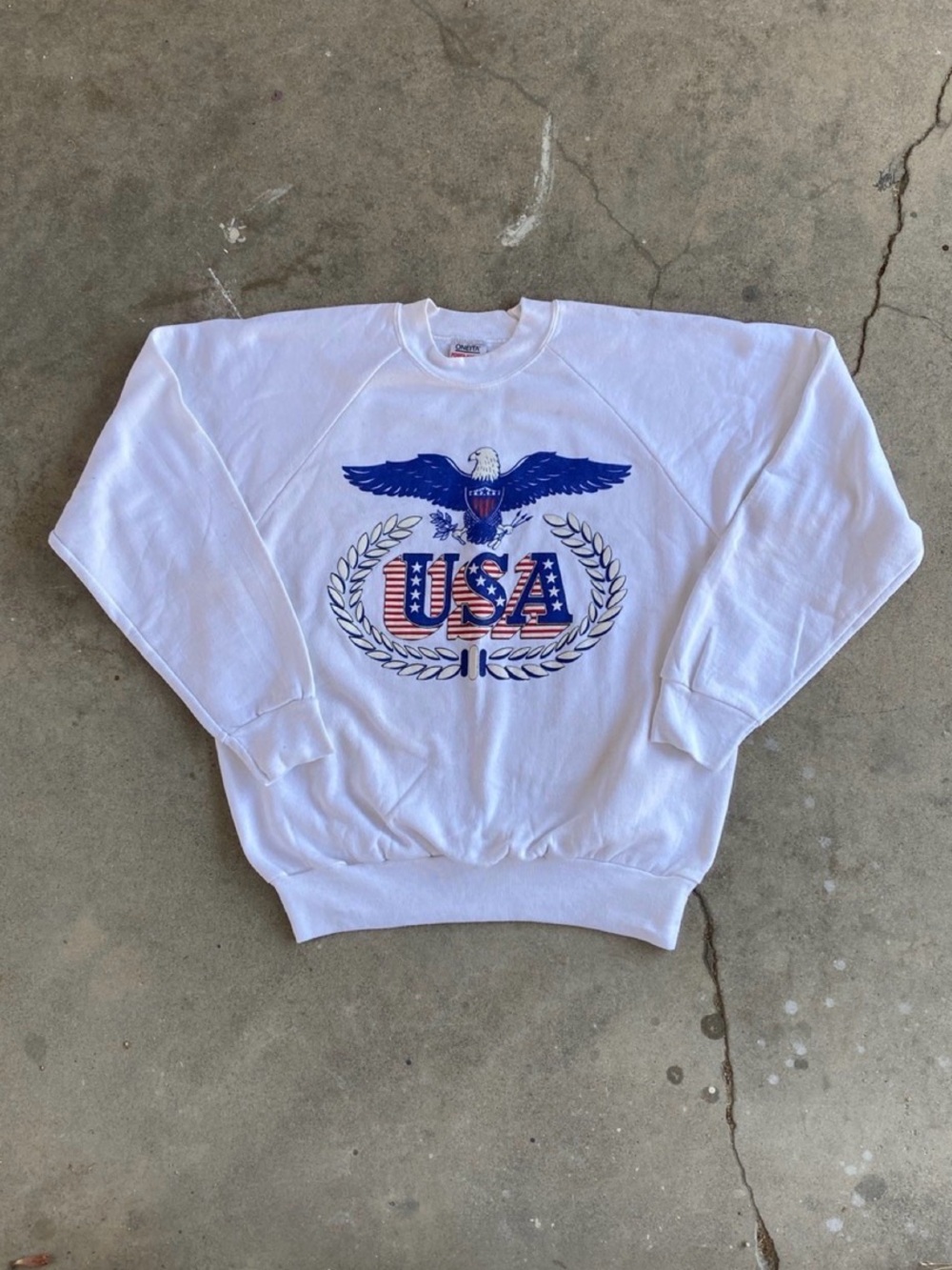 Vintage White Raglan Sweatshirt with Blue Eagle and USA Crest